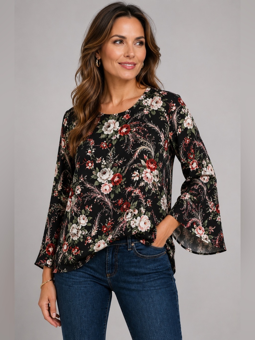 LOFT Black Floral Bell Sleeve Blouse Size M